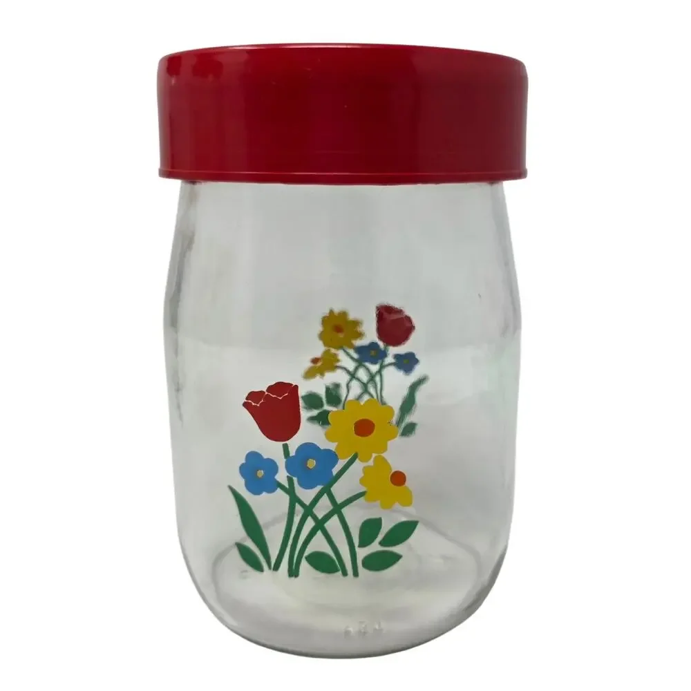 Vintage Carlton Glass Floral Canister Set 3 Red Lid Kitchen Storage Jars 80s